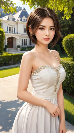 Pretty and charming girl. She wears a very elegant noblewoman oufit. She is a very cute girl. Hyperdetailing masterpiece, hyperdetailing skin, masterpiece quality, with 4k resolution. Charming smile. Short hair, himecut hairstyle, blonde hair. Mansion in background. She belongs to the nobility. bun hairstyle. tender and charming smile.