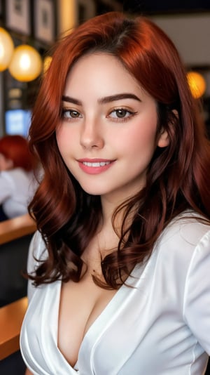 a close up photo of a 23 year old turkey woman in a blouse at a bar, attractive smile, ginger hair, cinematic light, film still, attractive face, very_beautiful_lady, RAW photograph
