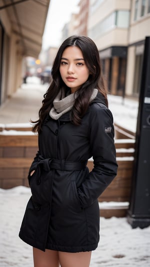 A stunning Korean girl, woman 1, stands confidently in a front shot against a snowy backdrop. Softly lit by beautiful and delicate light, her pale skin glows, complemented by big smile and bright eyes that seem to hold a secret. Her black long hair cascades down her back, framing her face with bangs. A perfect blend of elegance and shyness radiates from her gentle expression. She wears a winter down parka, scarf, and skirt, with a small handbag and necklace adding subtle touches of fantasy and jewelry. The snowy street behind her features footprints leading to nowhere, creating an air of mystery. (8k art photo)