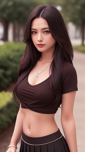 1girl,solo,long hair,looking at viewer,brown hair,black hair,navel,jewelry,,necklace,lips,ring,t-shirt,pleated skirt,realistic