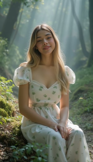 A tranquil landscape unfolds. A stately woman with lush blonde hair flowing down her back sits elegantly with her knees together in a mysterious forest, wearing a white flowing dress with puffed sleeves and a green random pattern print. A softly glowing mist obscures the surroundings. Her porcelain skin glows with a subtle blush, and freckles dance across her cheeks. Her charming smile radiates serenity and wonder. The composition is composed of delicate lines, perfectly blending into the misty atmosphere, all elements whispering serenity. Top quality, very detailed and delicate details description:1.2, ultra realistic photo.,asian girl.