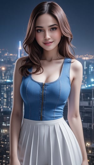 In this official art masterpiece, a stunning Korean woman stands out against a dark cityscape backdrop. Her sharp features are sharply focused, showcasing her beautiful, gorgeous, and cute facial structure. She wears a denim-white romper with a front zip and a flowing white pleated skirt, accentuating her slender figure. Delicate and detailed, her hair flows down her back like silk, framing her porcelain-pale skin and mesmerizing platinum pink locks. Her eyes sparkle like sapphires, shining bright as she flashes a radiant smile, revealing pearly whites. The cityscape behind her is alive with neon lights and dust particles, while the buildings in the distance fade into a misty blue glow. The overall scene is dynamic, with the subject's long straight hair whipping out around her, complete with tiny hair ornaments that catch the light.