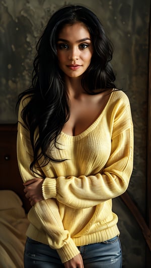 Captured in a raw, cinematic frame, this stunning woman stands tall, her raven-black hair cascading down the sides of her face. Her delicate features and bright, expressive eyes are set against a soft yellow sweater that complements her porcelain skin. Dramatic lighting casts deep shadows, accentuating every curve and contour. The camera's focus is on her full figure, from the subtle goosebumps on her arms to the gentle blush on her cheeks. Subsurface scattering imbues her skin with a lifelike texture, as if you could reach out and touch its smoothness.