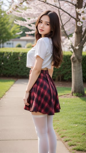 A masterpiece of elegance and charm, a stunning AAMIRU artwork depicting a young woman standing confidently in a picturesque outdoor setting amidst blooming cherry blossoms. She wears a crisp white shirt with short sleeves, paired with a plaid skirt that falls just above her knees, and a brown skirt flowing behind her like a river of earthy tones. Her long hair cascades down her back, tied at the nape with a vibrant red bowtie. A pair of pantyhose adds a touch of sophistication to her ensemble. She leans forward slightly, her arms behind her back, as if poised for a gentle breeze. Her bright smile and open mouth exude joy and contentment, inviting the viewer into this serene scene.