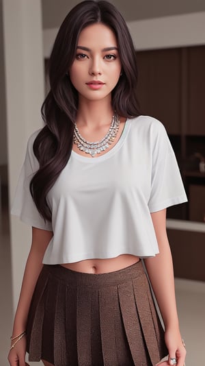1girl,solo,long hair,looking at viewer,brown hair,black hair,navel,jewelry,,necklace,lips,ring,t-shirt,pleated skirt,realistic