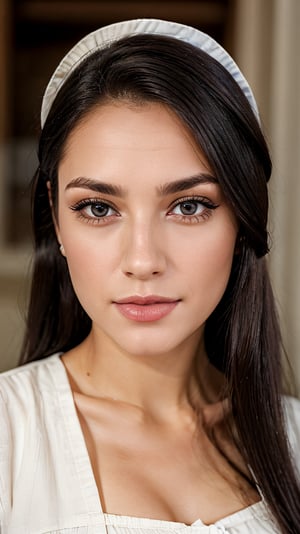 Create a softened depiction of a girl resembling Leah McNamara, dressed in a medieval white maid's outfit with neatly tied hair. Apply a moderate amount of makeup, featuring subtle orange tones on the cheeks, natural-looking eyebrows, and a gentle downward gaze. Keep the overall makeup light, with a touch of foundation for a soft and natural appearance. The lips can be painted in a gentle, neutral tone, while the eyes receive a light touch of eyeshadow and eyeliner for a more subdued effect. Strive for a sweet and approachable look, maintaining the essence of a medieval maid-inspired appearance with a milder and more charming touch.