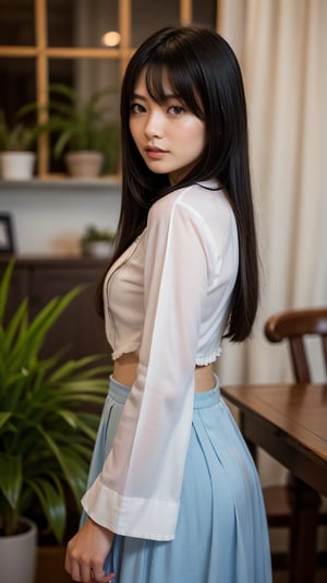 High-quality shot of a beautiful girl alone in an indoor setting. She stands with confidence, her long black hair cascading down her back with a subtle shine from the hair ornament. Her piercing blue eyes gaze directly at the viewer, framed by bangs and a curtain of dark locks. A delicate flower adorns the table beside her, accompanied by a stack of books and a small potted plant. The soft glow of clear lights illuminates the scene, emphasizing the subject's perfect physique clad in traditional Chinese attire - a flowing skirt and wide sleeves. The overall atmosphere is tranquil, with the girl's serene expression inviting the viewer to step into her quiet world.