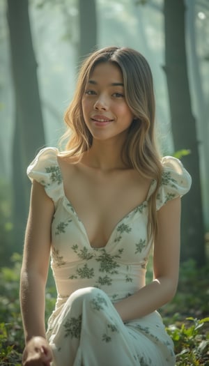 A tranquil landscape unfolds. A stately asian woman with lush blonde hair flowing down her back sits elegantly with her knees together in a mysterious forest, wearing a white flowing dress with puffed sleeves and a green random pattern print. A softly glowing mist obscures the surroundings. Her porcelain skin glows with a subtle blush, and freckles dance across her cheeks. Her charming smile radiates serenity and wonder. The composition is composed of delicate lines, perfectly blending into the misty atmosphere, all elements whispering serenity. Top quality, very detailed and delicate details description:1.2, ultra realistic photo.,asian girl.