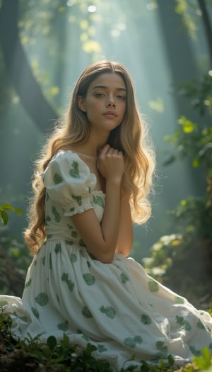 A tranquil landscape unfolds. A stately woman with lush blonde hair flowing down her back sits elegantly with her knees together in a mysterious forest, wearing a white flowing dress with puffed sleeves and a green random pattern print. A softly glowing mist obscures the surroundings. Her porcelain skin glows with a subtle blush, and freckles dance across her cheeks. Her charming smile radiates serenity and wonder. The composition is composed of delicate lines, perfectly blending into the misty atmosphere, all elements whispering serenity. Top quality, very detailed and delicate details description:1.2, ultra realistic photo