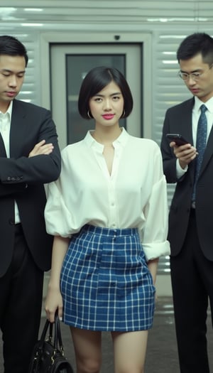 A young woman stands confidently in front of a subway train, dressed in a crisp white blouse and blue plaid skirt. She holds a black purse in her left hand, her arm resting on her hip. Her sleek bobbed hair shines, complemented by pink lipstick and gold hoop earrings. To her right, a businessman checks his phone, dressed in a dark suit with a white shirt. His short haircut and glasses add to his professional demeanor. Nearby, another man stands with arms crossed, his serious expression contrasting with the woman's radiant confidence.