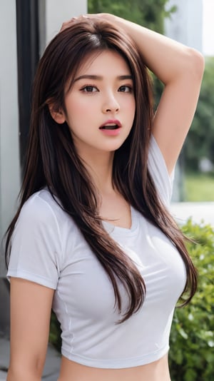 masterpiece, realistic, high quality, cute 1girl,solo,looking at viewer,long hair,open mouth,brown hair,black hair,t-shirt,armpits,lips,mole under eye,nose