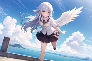 Master Piece,Extreme detailed,Best Quality,masterful, 

kanade tachibana,school uniform,
1girl,full body,
((blush)),

windy,floating hair,

flying,

yellow eyes, grey hair,

Warm Light ,

blush,

(angel wings),(white wings),sloping face,

The World Above the Clouds,

dynamic angle,wide angle,