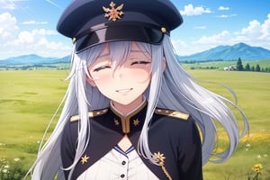 Master Piece,Extreme detailed,Best Quality,masterful, 

lena, hair between eyes ,
1girl,smile,Happy,beaming,
closed eyes,glistening teeth,
tears,((blush)),

windy,floating hair ,




Saluting,pov,

grey eyes, grey hair,bangs, shirt, long sleeves, hat, military, black headwear, military uniform, blue jacket, peaked cap, high collar, military hat, 

Warm Light ,

big breasts,blush,

((Windy Grassland Hill)),sloping face,