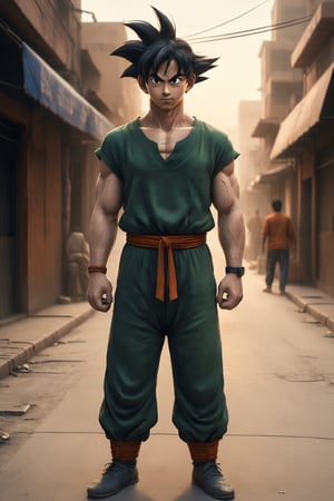 A cinematic portrait of Goku standing in A Pakistani Street. The image is rendered in a hyperrealistic style, with incredible detail and realism.

