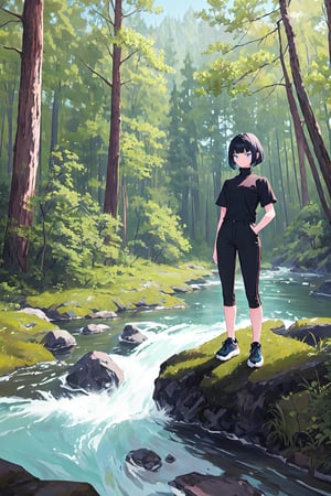 1girl, black hair, bobcut, bangs, blue eyes, black shirt, short sleeves, turtleneck, black pants, black sneakers, full body, outdoors, forest, river, daytime, scenery, masterpiece, best quality, absurdres, illustration