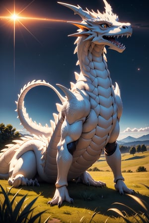 white dragon, white skin, life-size-body, humanoid dragon, full-length_portrait, night sky, sunset, grass, scenery, highres, high quality, highly detailed