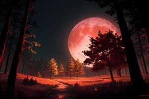 forest landscape, nighttime, nighttime, red moon, scenery, masterpiece, best quality, ultra-detailed, illustration, cinematic lighting, 5 point perspective