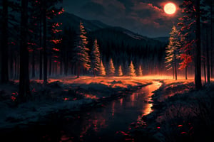 forest landscape, nighttime, nighttime, fullmoon, scenery, masterpiece, best quality, ultra-detailed, illustration, cinematic lighting, cool colors, low contrast