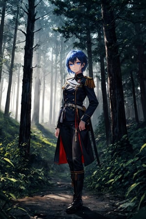 masterpiece, best quality, ultra-detailed, illustration, full body, straight on, face focus, 1girl, blue hair, blue eyes, short hair, serene expression, looking at viewer, military_uniform, forest, nighttime, night sky, scenery