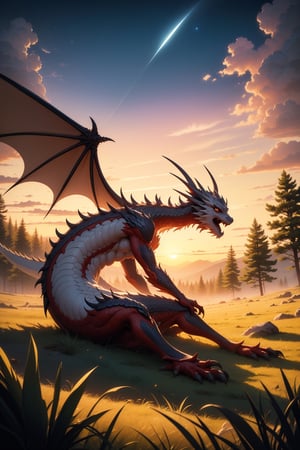 white dragon, red skin, night sky, sunset, grass, scenery, highres, high quality, highly detailed