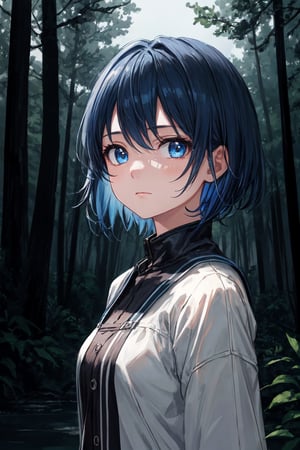 masterpiece, best quality, ultra-detailed, illustration, upper body, straight on, face focus, 1girl, blue hair, blue eyes, short hair, serene expression, looking at viewer, forest, nighttime, cinematic lighting, scenery