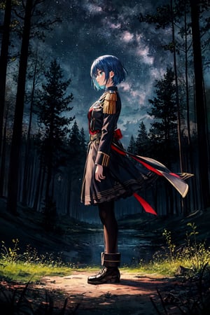 masterpiece, best quality, ultra-detailed, illustration, full body, from side, 1girl, blue hair, blue eyes, short hair, serene expression, looking at side, military_uniform, forest, nighttime, night sky, scenery