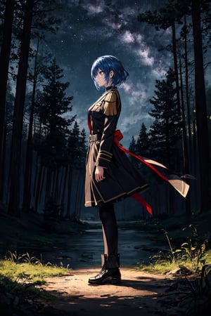 masterpiece, best quality, ultra-detailed, illustration, full body, from side, 1girl, blue hair, blue eyes, short hair, serene expression, looking at side, military_uniform, forest, nighttime, night sky, scenery