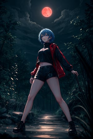 1girl, standing, blue hair, blue eyes, short hair, serene expression, looking at viewer, black t-shirt, turtleneck, black shorts, black shoes, forest, nighttime, nighttime, red moon, scenery, masterpiece, best quality, ultra-detailed, illustration, cinematic lighting, 