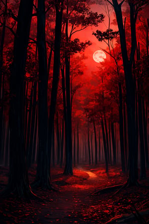 forest landscape, nighttime, nighttime, red moon, scenery, masterpiece, best quality, ultra-detailed, illustration, cinematic lighting, warped perspective