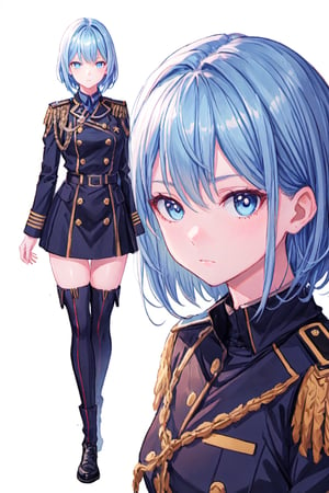 masterpiece, best quality, ultra-detailed, illustration, full body, standing, face focus, 1girl, blue hair, blue eyes, short hair, serene expression, looking at viewer, military_uniform, white background