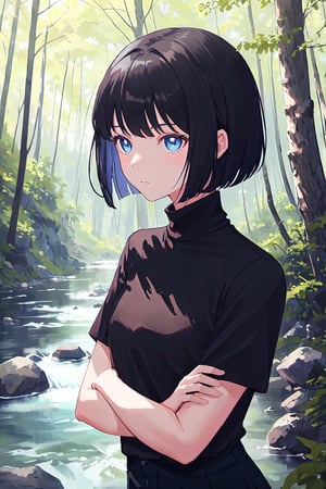 1girl, black hair, bobcut, bangs, blue eyes, black shirt, short sleeves, turtleneck, black pants, black sneakers, upper body, close up, outdoors, forest, river, daytime, scenery, masterpiece, best quality, absurdres, illustration