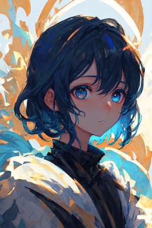masterpiece, best quality, ultra-detailed, illustration, close-up, straight on, face focus, 1girl, blue hair, golden eyes, short hair, serene expression, looking at viewer