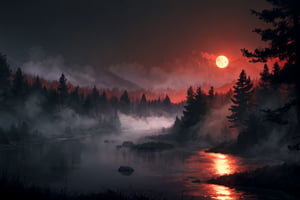 forest, river, fog, nighttime, moon, scenery, masterpiece, best quality, ultra-detailed, illustration, cinematic lighting, red clouds