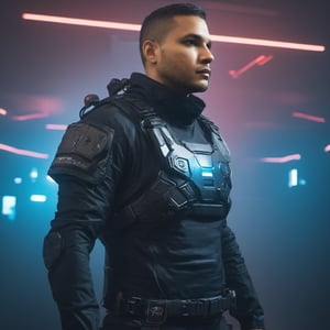 (RubenDario),cyberpunk RAW Photo of RubenDario solo, full shot, looking at viewer, detailed background, detailed face, (, geometrical steel,  precursortech theme:1.1), space explorer, wearing black body armor suit, (full face visible)  insignia, techwear, confidence, anti-gravity, dynamic pose, venturing beyond the stars,  holo-projection, surface of foreign planet in background,  ethereal lighting, epic  atmosphere,, cyberpunk, (Masterpiece:1.3) (best quality:1.2) (high quality:1.1),close up,CyberPunkAI,cyberpunk style,cyberpunk