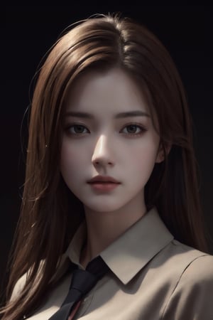 photorealistic, masterpiece, best quality, raw photo, 1girl, medium breasts, long hair, brown hair, collared shirt, looking at head, dynamic lighting, in the dark, deep shadow, low key, intricate detail, detailed skin, pore, highres, hdr