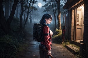 Anime, high quality , nomadic woman with a shotgun at night in the forest , blue hair, red jacket, black leather pants , black glasses,big breasts , small brown backpack on the back , zombie infection ,long hair.,peeing self