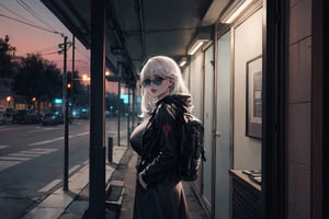 Anime, high quality ,woman in the city hiding at night in a hospital,post apocalyptic world, white hair, black jacket, black glasses,big breasts , small brown backpack on the back , zombie infection ,long hair.,peeing self