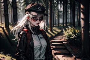 Anime, high quality , woman with survival suit in the forest,brown backpack, long white hair,evening ,hat , black jacket,red sunglasses.