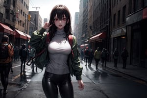Anime, high quality ,zombie apocalypse, green jacket, black leather pants ,giant breasts , small brown backpack on the back , zombie infection ,long hair,4esthet1c,fellajob,peeing self