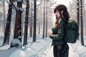 Anime, high quality , one woman in soviet winter costume in a snowy forest, green jacket, black leather pants ,very big breasts , small brown backpack on the back , zombie infection ,long hair.