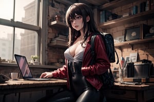 Anime, high quality ,woman with a laptop in her room, laptop hacker, red jacket, black leather pants ,giant breasts , small brown backpack on the back , zombie infection ,long hair,4esthet1c