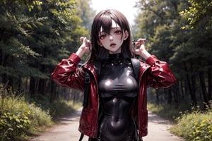 Anime, high quality ,woman in the forest, red jacket, black leather pants ,giant breasts , small brown backpack on the back , zombie infection ,long hair.,rebeccav1,1girl