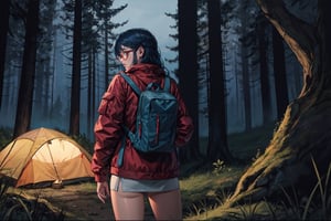 Anime, high quality ,woman  nomadic camping in the forest at night, blue hair, red jacket, black glasses,big breasts , small brown backpack on the back , zombie infection ,long hair.,peeing self