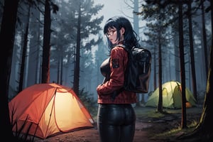 Anime, high quality ,woman  nomadic camping in the forest at night, blue hair, red jacket, black leather pants , black glasses,big breasts , small brown backpack on the back , zombie infection ,long hair.,peeing self