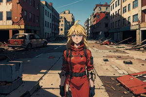 Anime, high quality woman csurviving in a destroyed city.