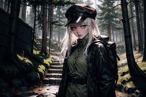 Anime, high qualitywoman with survival suit in the forest and a katana,brown backpack,long white hair,evening,hat, black jacket.