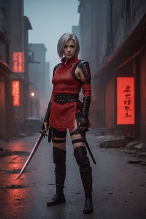 Potrait, a European female Shinobi, gray hair, cyberpunk samurai style, naked, red mesh clothes, without underwear, no pants, full body, combat status, in a battlefield, torn armor and clothing, set in Ghost city street, evening, epicdetailed, ultrasharp, style,flash shot, horor scfi, bokeh ,FLASH PHOTOGRAPHY,FilmGirl,REAL GIRL beta,concept
