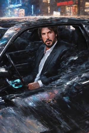 Highly detailed. John Wick Sitting in 2011 DODGE CHARGER without doors, shooting from the right driver's seat. close-up, in new york city night, close up, Thomas Kinkade