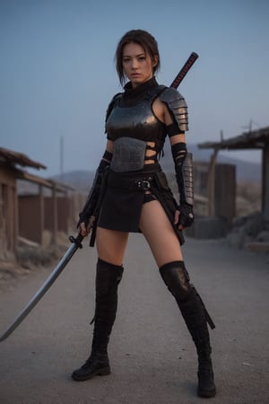 Potrait, a European female Shinobi, cyberpunk samurai style, naked, mesh clothes, without underwear, no pants, full body, combat status, in a battlefield, torn armor and clothing, holding a katana, set in Ghost town, evening, epicdetailed, ultrasharp, style,flash shot, horor scfi, bokeh ,FLASH PHOTOGRAPHY,FilmGirl,REAL GIRL beta,concept
