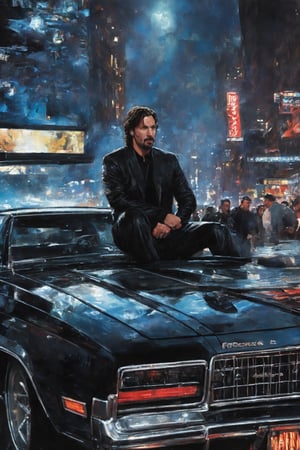 Highly detailed. John Wick Sitting on the hood in 2011 DODGE CHARGER. close-up, in new york city night, close up, Thomas Kinkade